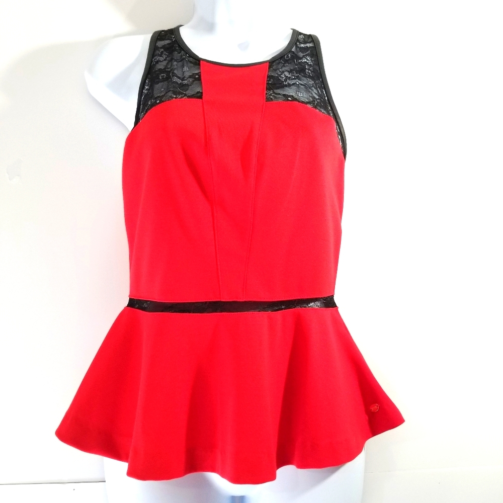Guess Sleveless Red Laced Leather Trimed Top